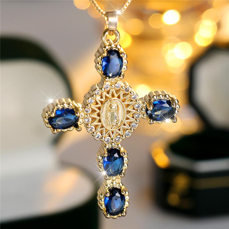Unique Male Female Crystal Rainbow Zircon Stone Cross Pendant Necklace Cute Gold Color Wedding Jewelry For Women Men