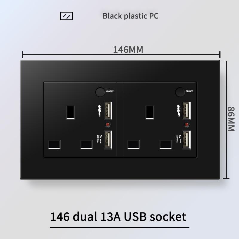 13A British Standard Socket with USB & Type-C Fast Charging, Light Switch, Black Panel for Hong Kong & Macau
