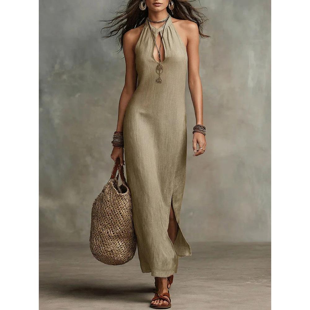 Damen Halter Neck Ärmelloses Maxikleid Figurbetont Mittlere Taille Elegantes Freizeitkleid