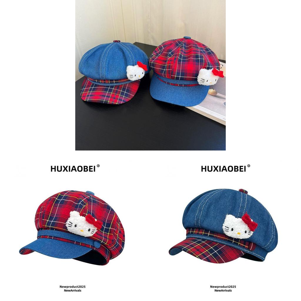 Hello Kitty Kt Cat Karriertes Cloche-Hut Mit Stickerei Für Sommerliche Freizeitkleidung