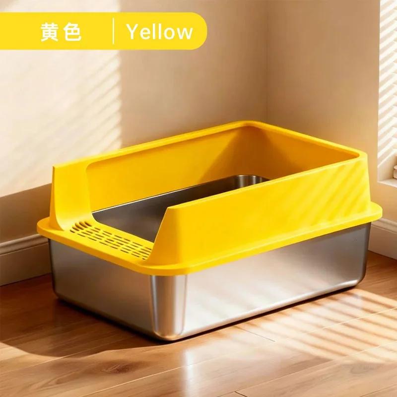 Stainless Steel Cat Litter Box Semi Enclosed Extra Large High Rim Splash Proof Cat Toilet For Large Cats Multi Cat Homes
