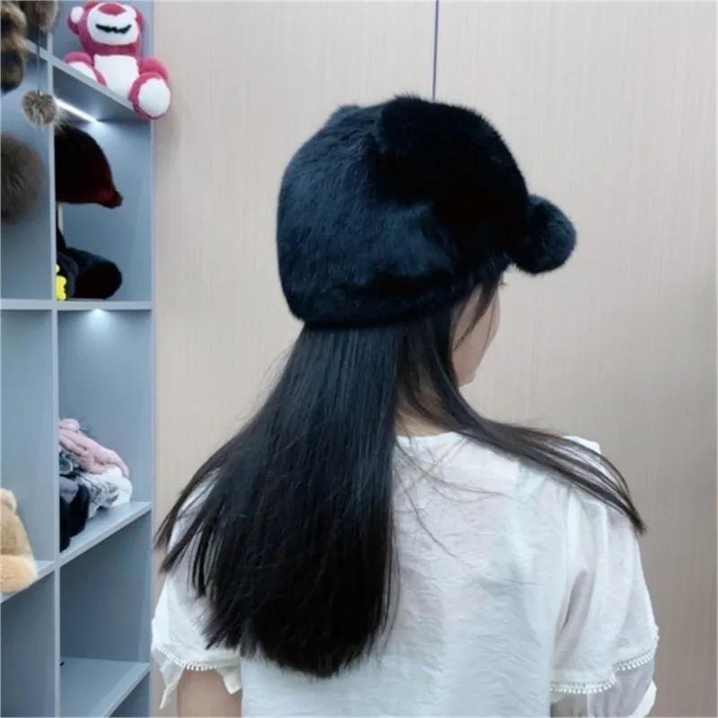 Real rabbit fur hat cat ear round top for shopping thick genuine rabbit fur warm women winter and autumn baseball cap
