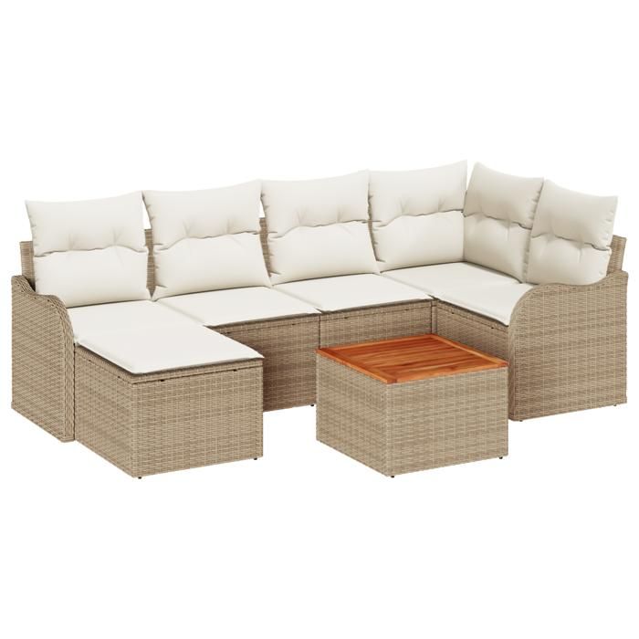 Ensemble de Canapé de Jardin 7 pièces avec Coussins Beige Poly Rotin Acacia, Canapé de Jardin 2 places avec Rangement&amp; 3356146