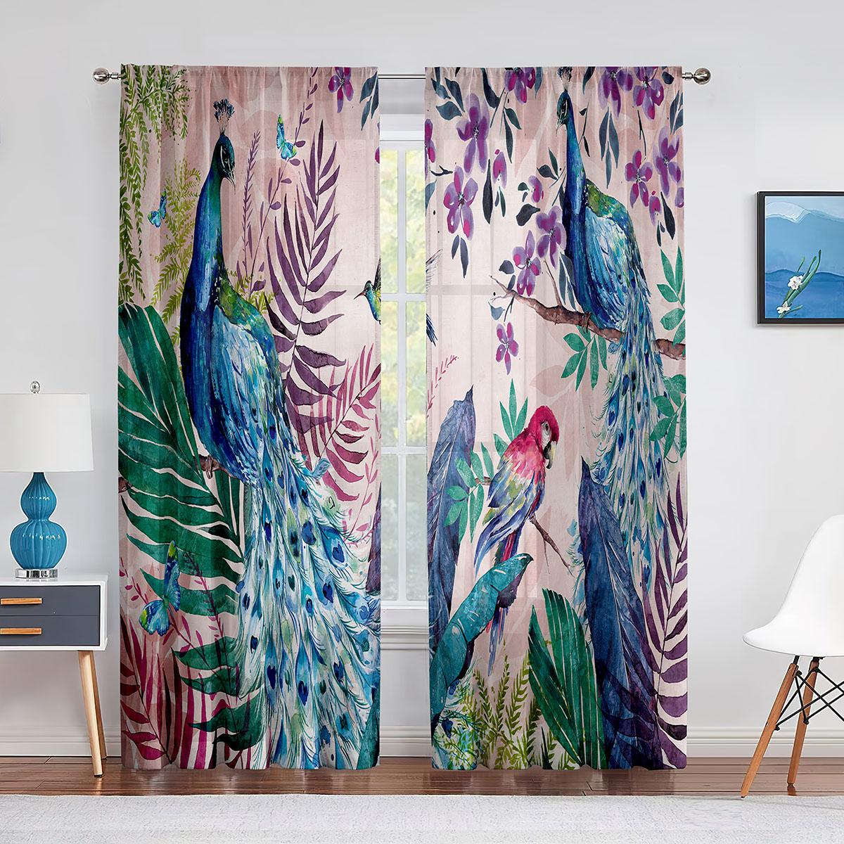 

Красочные художественные масляные занавески с изображением павлина для гостиной, спальни, кухни, современные прозрачные оконные занавески, 2 панели (W50cmxH130cm)x2&Grommet Top