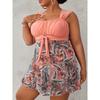 Damen Plus Size Schwarzer Tankini mit tropischem Aufdruck und Schleife mit Boyshort Zweiteiliger Badeanzug