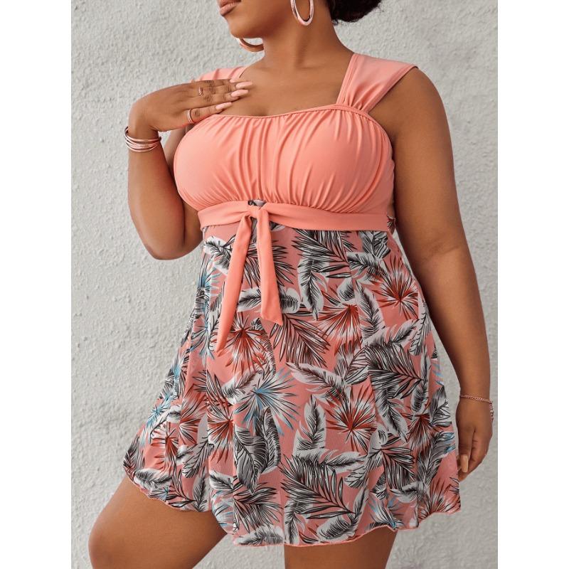 Damen Plus Size Schwarzer Tankini mit tropischem Aufdruck und Schleife mit Boyshort Zweiteiliger Badeanzug