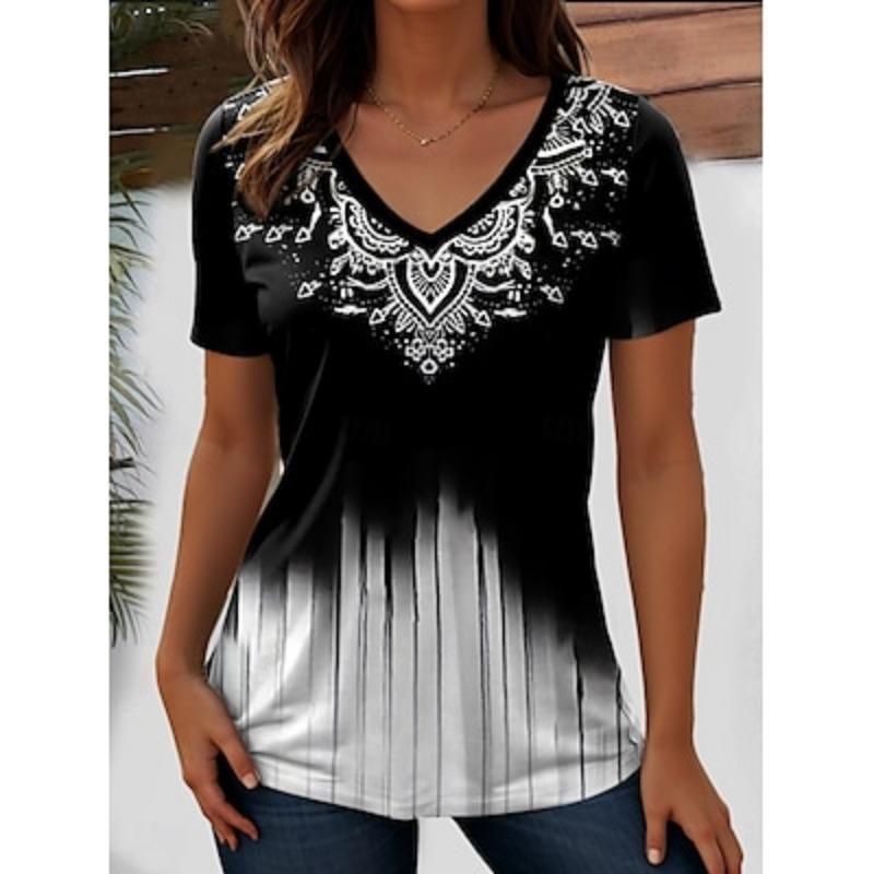 

Женская футболка с рисунком пейсли в стиле бохо, стильная повседневная, с коротким рукавом, с V-образным вырезом, обычная, повседневная, выходного дня, пляжная одежда, принт, лето 2XL