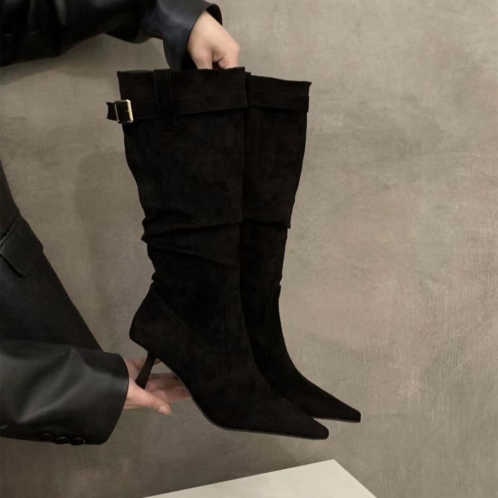 Boots Women  New Fashion Pleated Women's Knee-high High Heel Ladies Pointed Knight Boots High Quality Knee High Boots D468