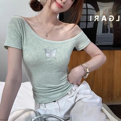 Harajuku cotone Magliette da donna estive manica corta colletto obliquo casual sexy stampa farfalla maglietta slim da donna y2k crop top vestiti verdi