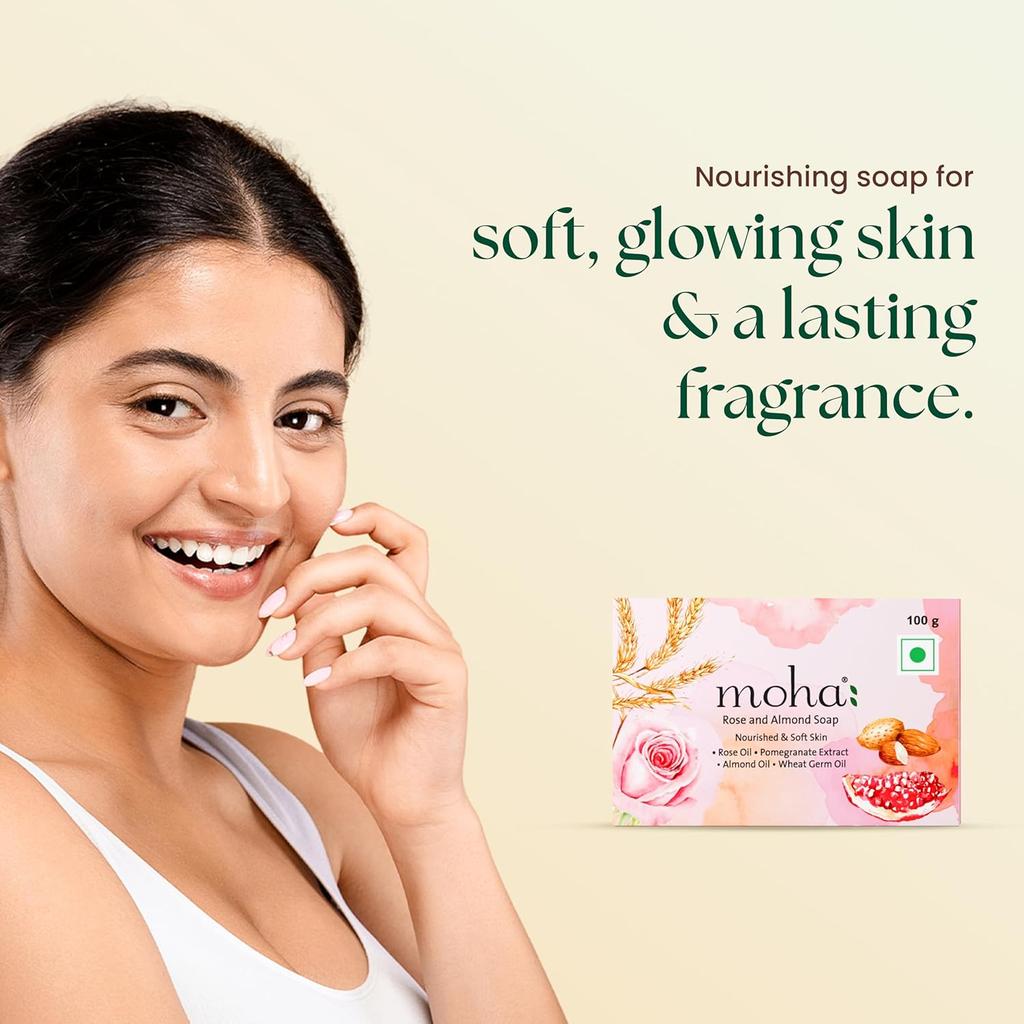 MOHA Rosen- & Mandel-Seifenstück für Gesicht und Körper Sanft Peeling Feuchtigkeitsspendende Badeseife 100 g 3er-Pack Tägliche Feuchtigkeitspflege