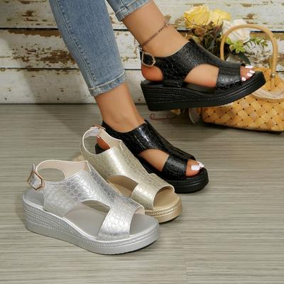 Grenzüberschreitende Große Größe Sommer Neue Fischmaul-Schnalle Keilabsatz Sandalen Damen Ein Riemen Plattform Helle Oberfläche Damen Sandalen