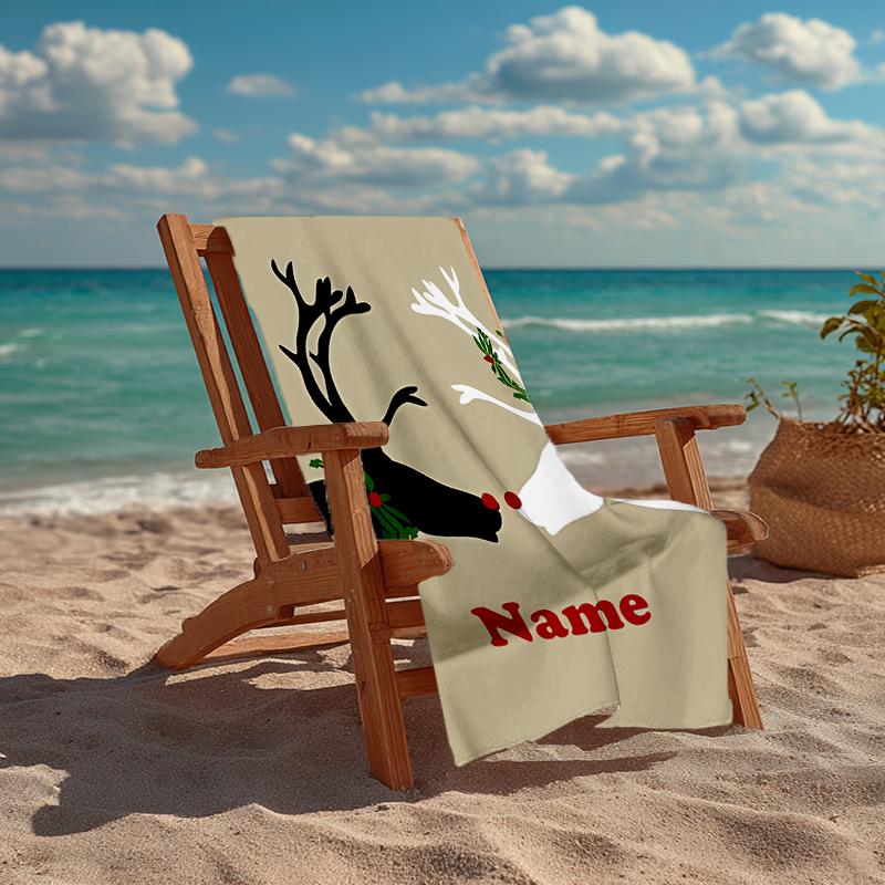 Custom Name Ultra-Soft Beach Towel with Christmas reindeer Theme,Ideal for Pool - Camping, Diving - Perfect Travel Essential, Vibrant Beach Towel.