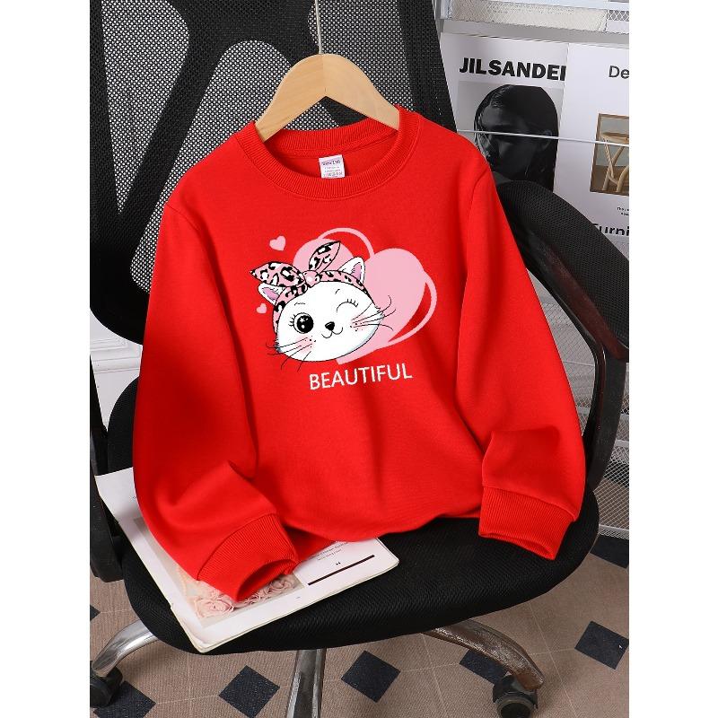 Kids Sweatshirt,Crew Neck Fashion Top, Fun"Cute Cat with Bow "patterned Sweatshirt, Suitable for Everyday Casual Wear,Spring Fall Sweatshirt