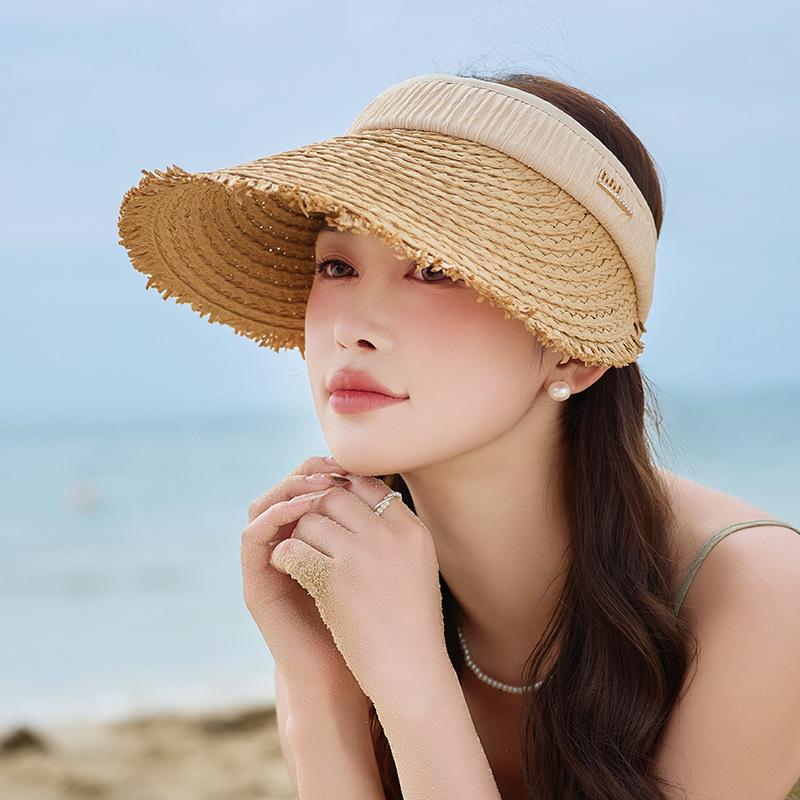 

Летняя шляпа женская модная солнцезащитная защита от солнца шляпа из соломы рафия с открытым верхом дышащая летняя уличная шляпа с большими полями average size