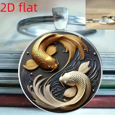 Moda Nuevo Colgante Redondo de Cristal Yin Yang Koi de la Suerte 2D, Decoración para Bolso y Llavero de Coche de Moda, Regalo de Vacaciones