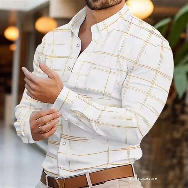 Men lapel long sleeve check shirt white base golden grid single pocket slim fit business daily casual top S