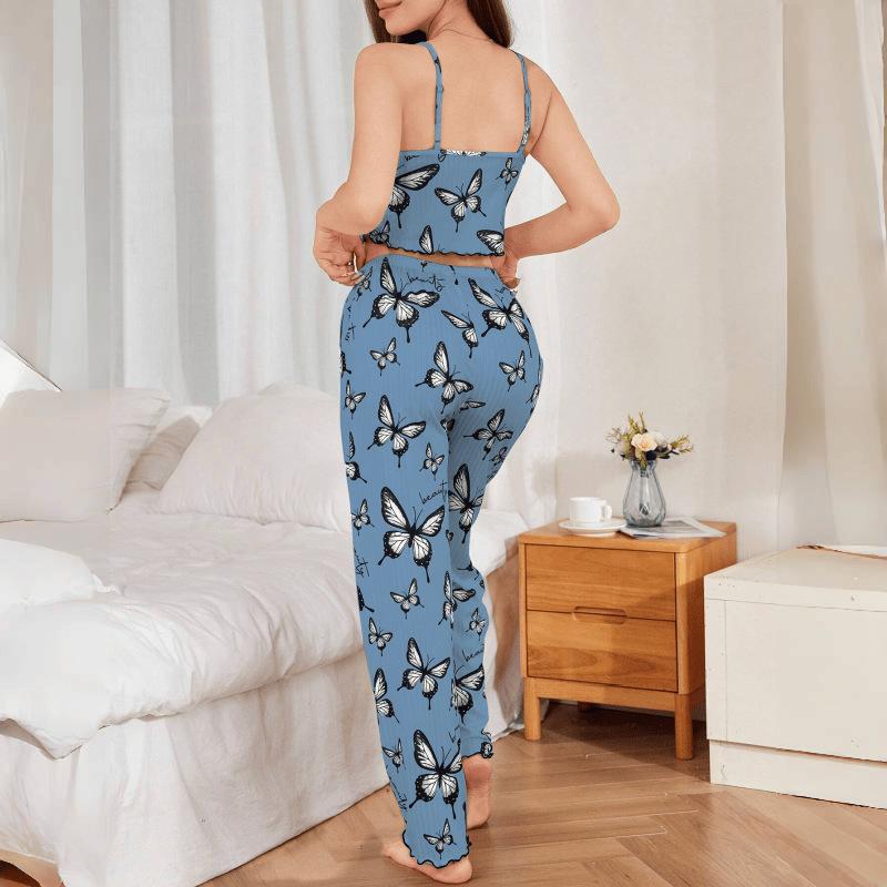 European and American Style Women’s Butterfly Print Cami Top and Long Pants Set Casual Comfortable Loungewear Pajamas