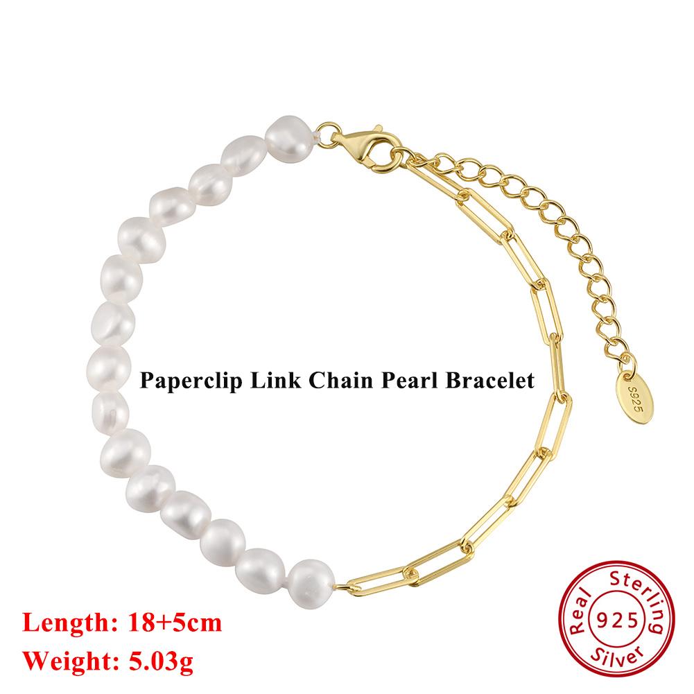 

EFFIE QUEEN Vintage Natural Pearl Bead Bracelet for Women Minimalist 925 Sterling Silver Paperclip Chain Bracelet Jewelry GPB01