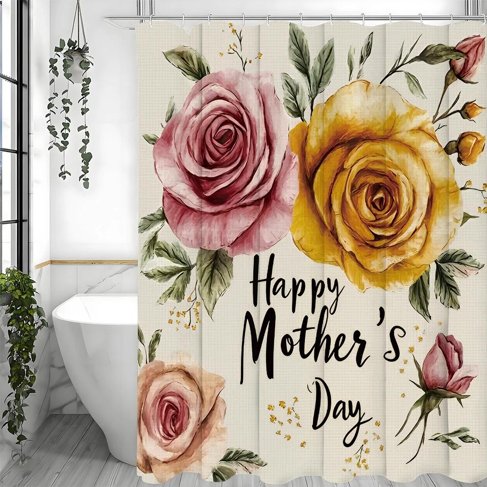 Happy Mother's Day Rosebud Flower Shower Curtain, Bathroom Decorative Shower Curtain, Waterproof Shower Curtain with Hooks
