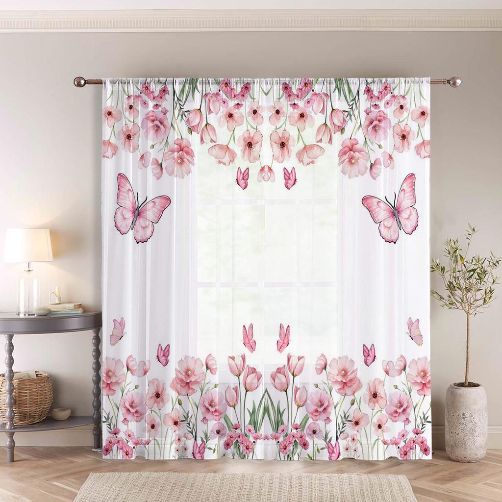Pink Butterfly Sheer Curtain - Soft Sweet Romantic Style   Spring-Themed Decorative Sheer Curtain for Living Room and Bedroom