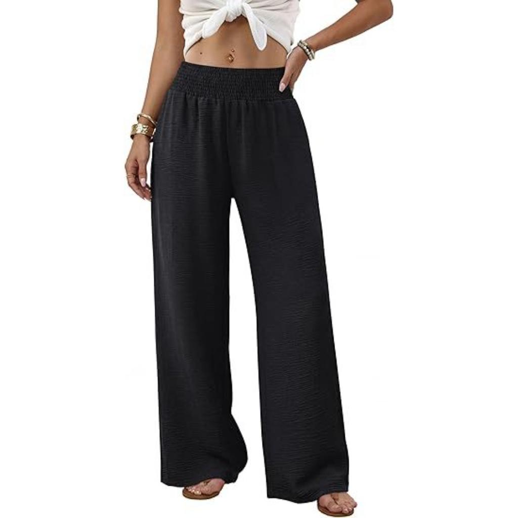 Damen High Waist Geraffter Elastischer Bund Weiter Bein Lockerer Schnitt Freizeithose