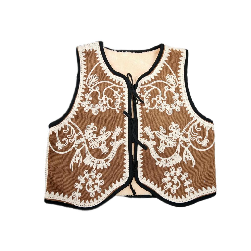 Retro Corduroy Lambswool Vest with Heavy Embroidery and Shoulder Pads - European and American Style