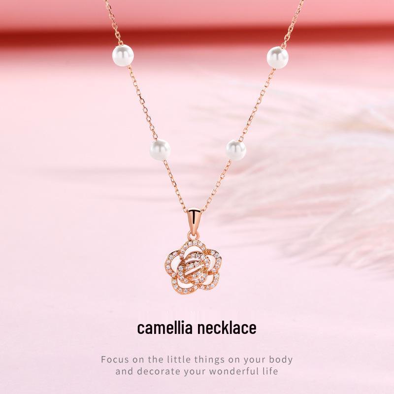 S925 Sterling Silver Camellia Pearl Necklace - Women's Forest Style, Light Luxury, Clavicle Chain, Niche Design.
