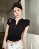 Summer New American Button-down Semi-open Neck Short-sleeved T-shirt Women's Top Slim-fitting Pleated Short Bottoming Shirt Tide