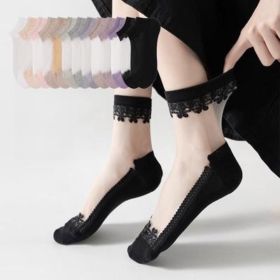 Chaussettes en dentelle de soie cristal transparent pour femmes, douces, confortables, transparentes, en maille de coton et soie, chaussettes élastiques ultra-fines en cristal pour femmes