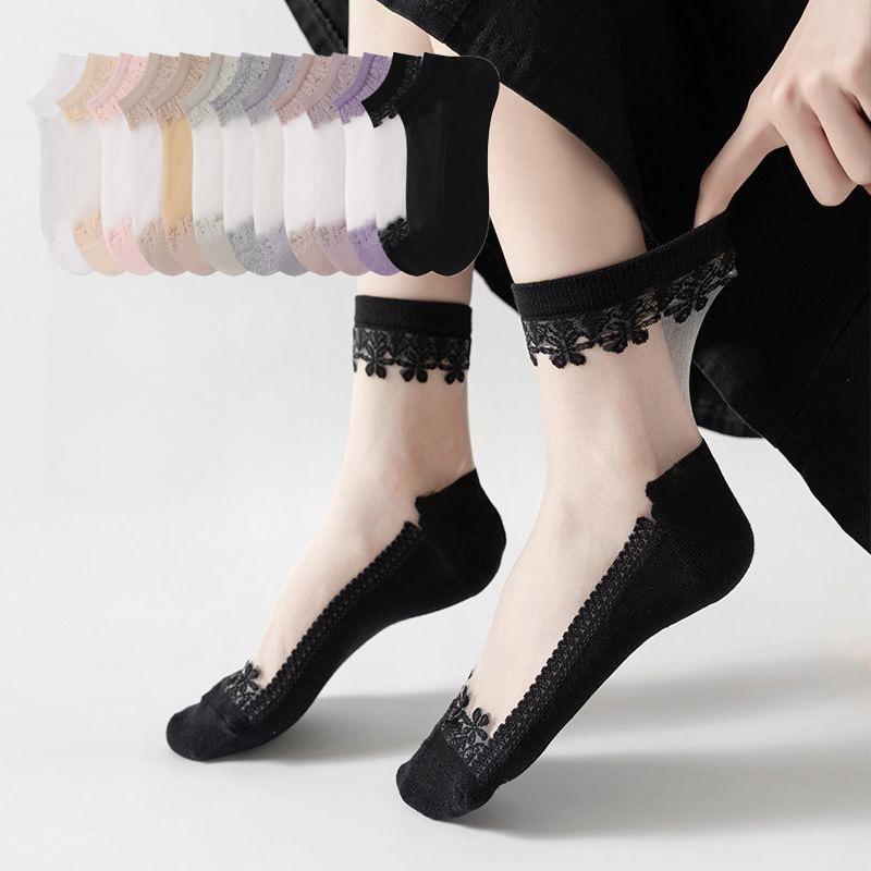 Transparent Crystal Silk Lace Sock Women Soft Comfy Sheer Silk Cotton Mesh Socks Women Ultra-thin Elastic Crystal Socks