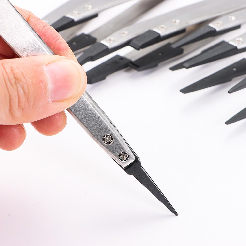 Full Hand Tool Parts Conductive Stainless Steel Replaceable Tips Carbon Fiber ESD Tweezers