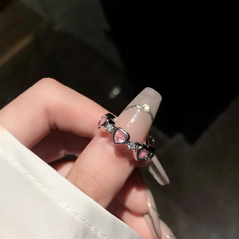 Trend Pink Love Heart Crystal Rings for Women Kpop Love Zircon Open Ring Irregular Grunge Aesthetic Egirl Rings Jewelry