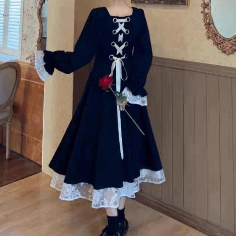 Slim Fit Lace Princes Dress Pleated Puff Long Sleeved Dress Fashion Girls Long Dress  Ladies