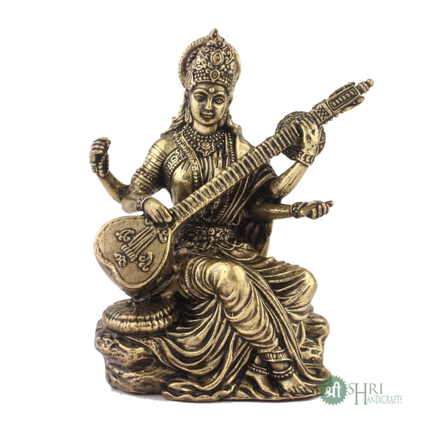 Ручная работа, статуэтка богини Сарасвати из латуни, фигурка Маа Сарасвати, латунь - 3 см