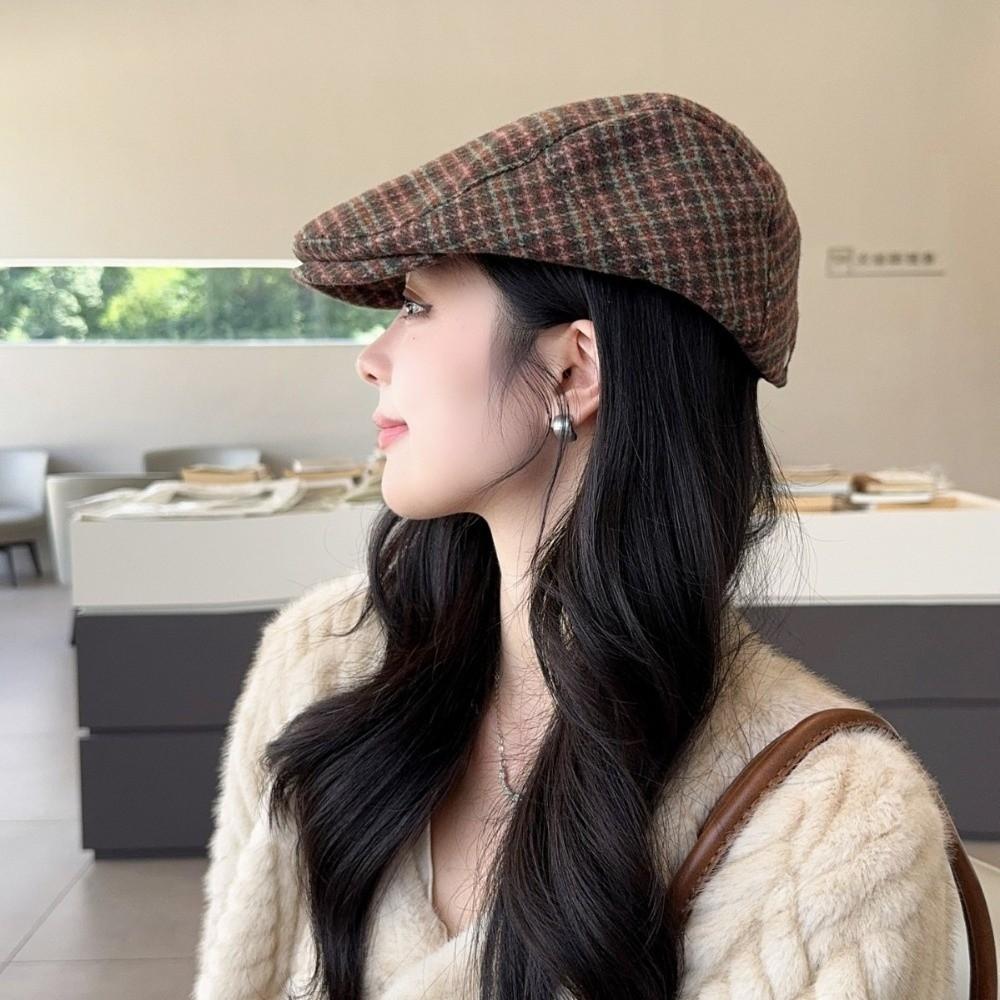 Fashion Vintage Berets Japanese Style Plaid Pattern Newsboy Cap Flat Top Casquette Women's Wear