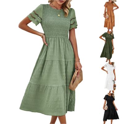 Damen Modisches Einfarbiges Rundhals Kurzarm Lockeres Kleid