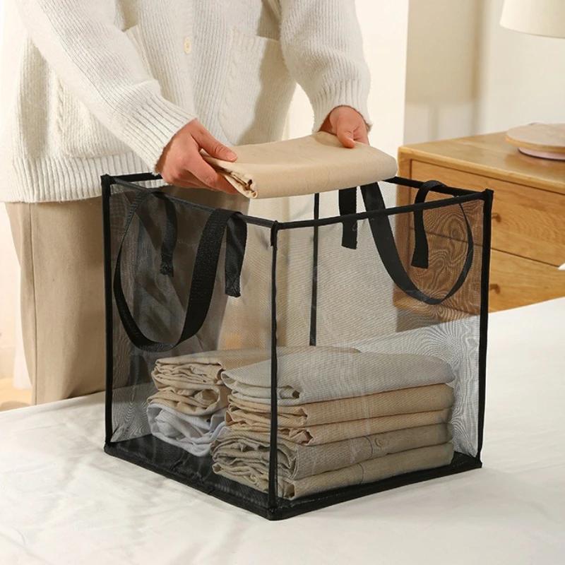 Foldable Portable Laundry Hamper-Large Square Mesh Dirty Clothes Basket with Handles, Collapsible for Bathroom, Bedroom Storage