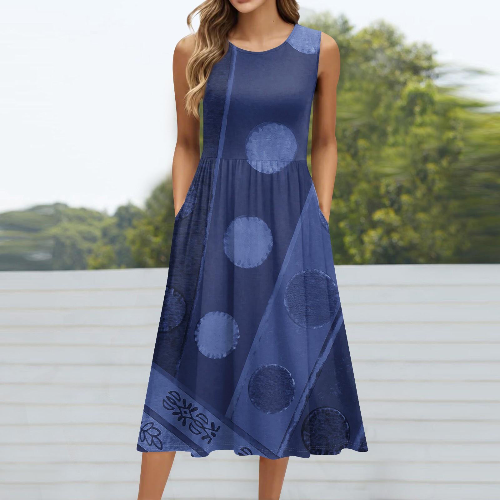 

Женское модное платье средней длины с круглым вырезом и принтом без рукавов M тёмно-синий