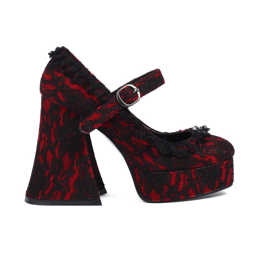 One-word buckle waterproof table high heels elegant LO shoes platform lace hemming Mary Jane shallow mouth single shoes