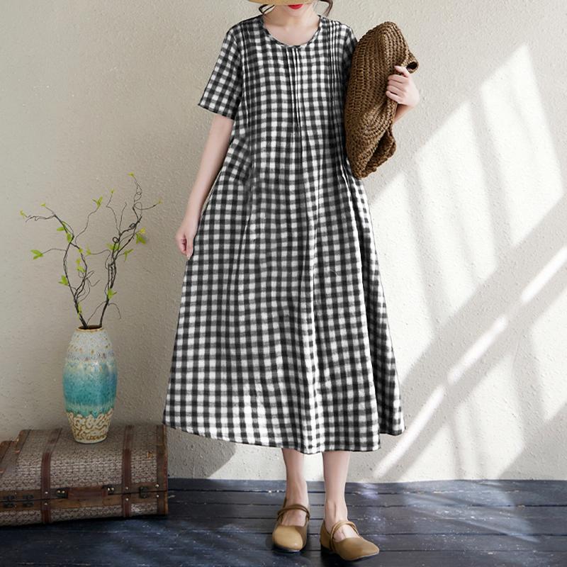 ZANZEA Women Plaid Print Casual Round Neck Short Sleeve Dress