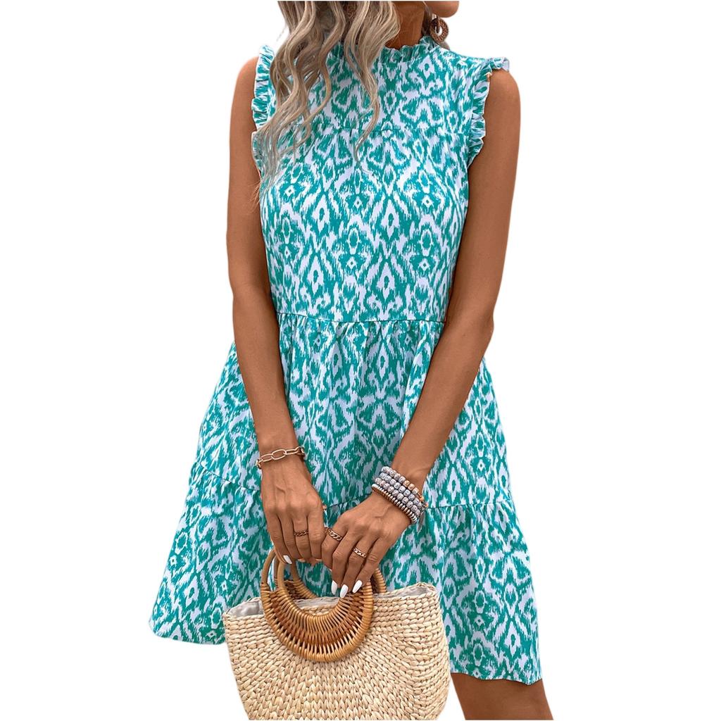 Damen Lässiges und Modisches Kleid mit Spitze am Kragen, bedruckt, ärmellos Ärmelloses Kleid