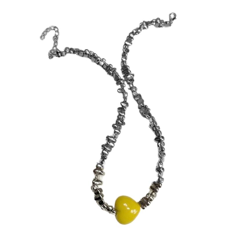 Elegant Silver Beads Heart Pendant Necklace Charming Colorful Heart Choker Clavicle Chain Lightweight Jewelry Gift Women