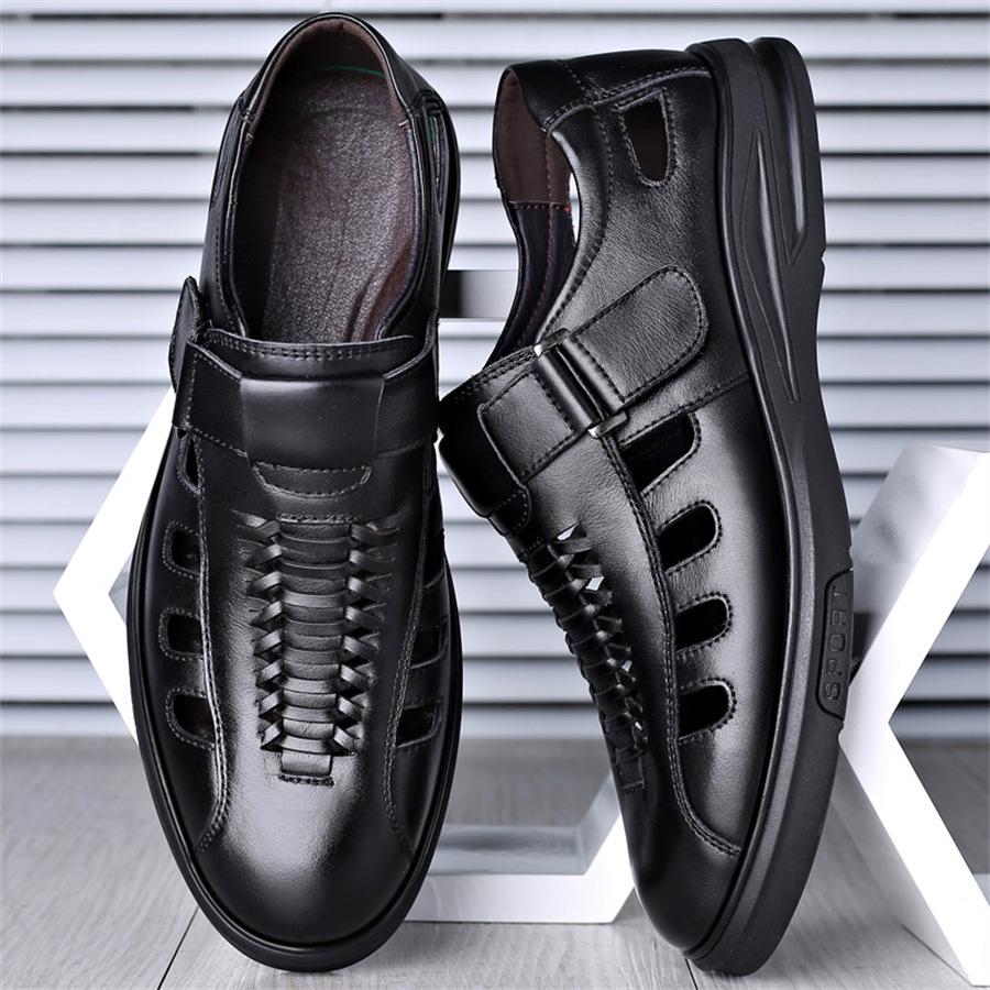 Men's Sandals Summer New Hollow Men's Shoes Beach Shoes Soft Leather Breathable Leather Shoes Velcro