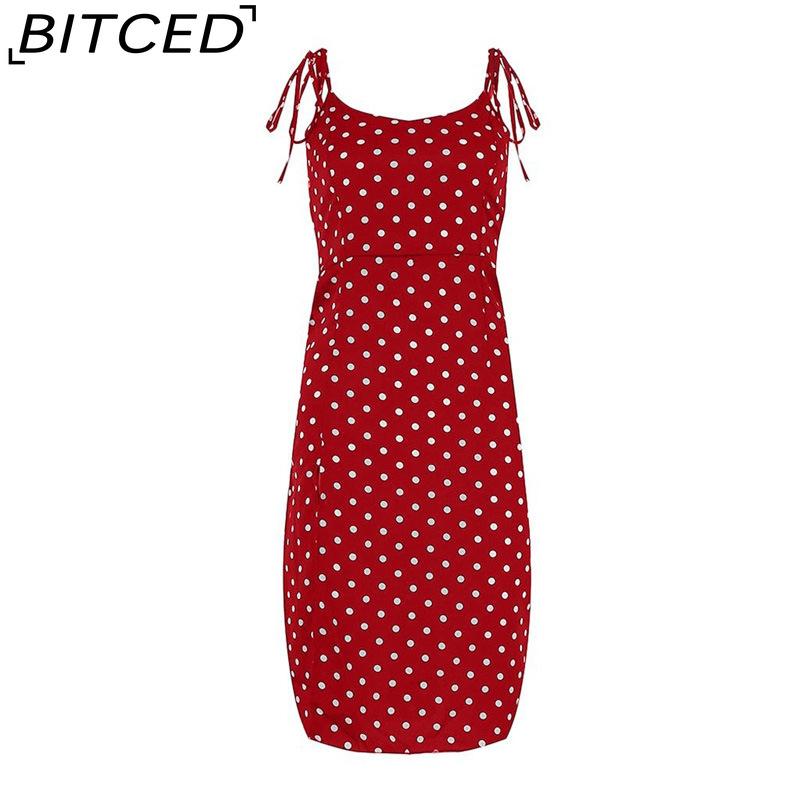 BITCED Kleider Sommerkleid Sommer Damen Lässig Ärmellos Gepunktet Strandkleid Hohe Taille Plissiert V-Ausschnitt Vestidos De Verano
