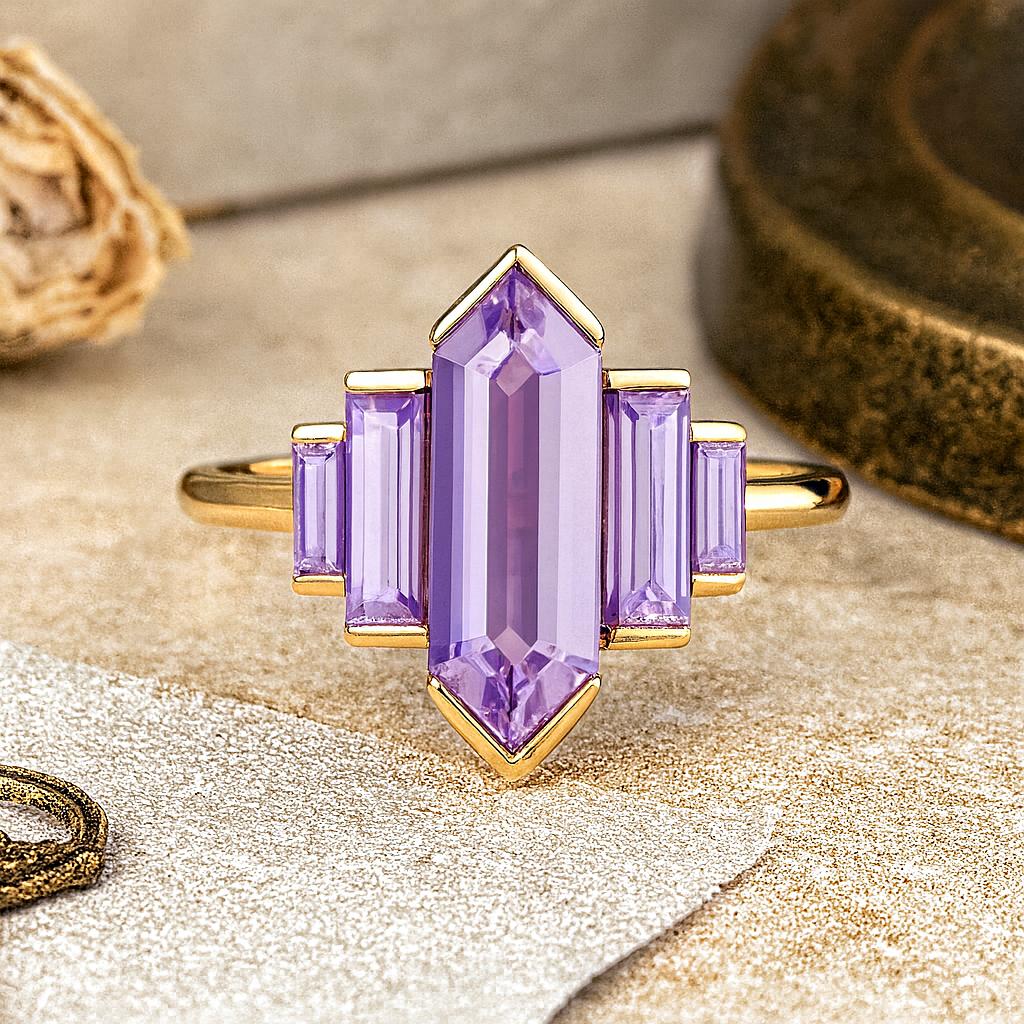 Hexagon Cut Amethyst Engagement Wedding Ring – Vintage Art Deco Purple Stone Ring, Anniversary Promise Gift for Women