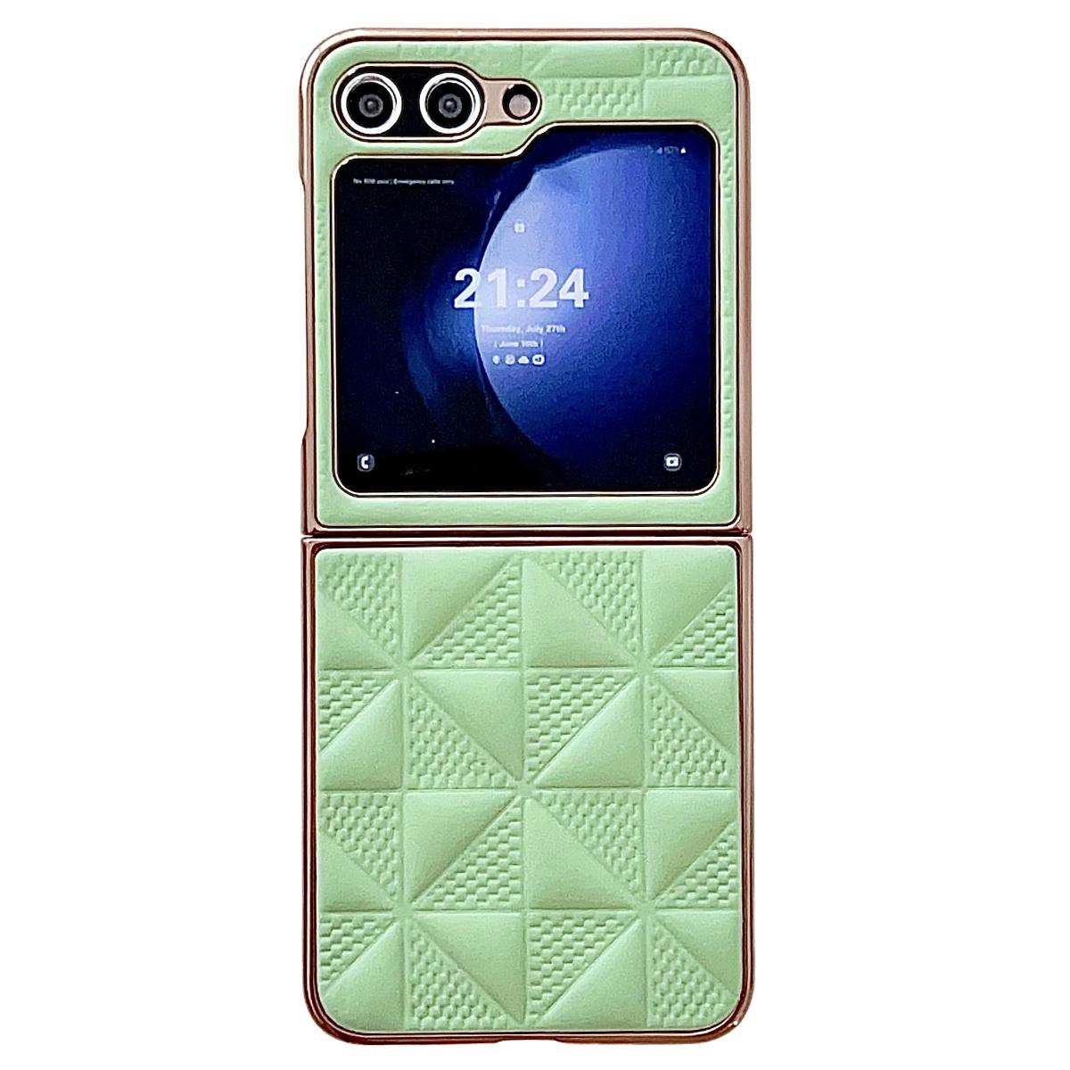 

For Samsung Galaxy Z Flip7 FE 5G/Z Flip6 5G/Z Flip5 5G Case Electroplating Frame Leather+PC Grid Texture Phone Cover Light Green