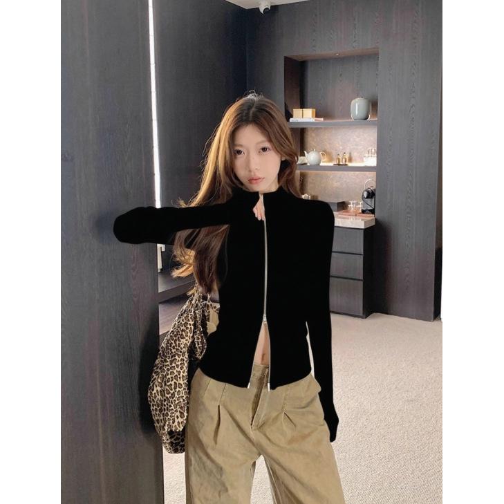 Petite Women's Double-Zip Waist-Cinched Cardigan with Stand-Up Collar - Spring/Autumn Long-Sleeve Top 2025