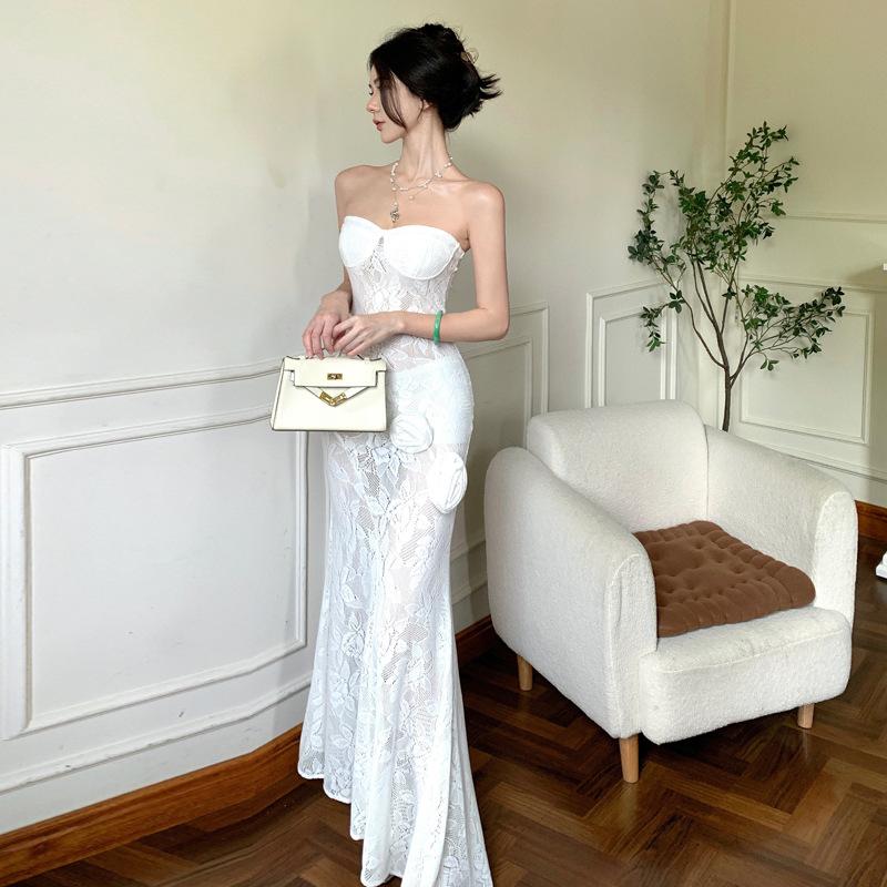 Супер Бессмертная Красота Чистое Желание Трехмерный Цветок Темперамент Бандо Сексуальное Облегающее Платье S белый