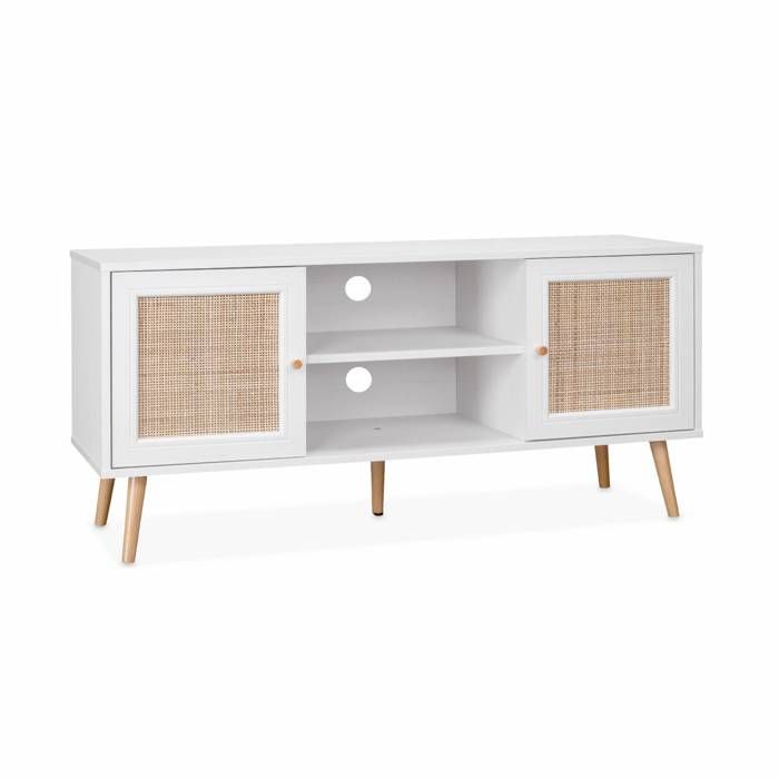Meuble TV en cannage 120x39x56.5cm - Bohème - Blanc. 2 niveaux. 2 étagères. 2 portes. pieds scandinaves