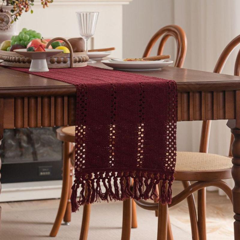 

Simple Long Tassel Solid Color Table Runner Woven Dining Table Decoration for Wedding Party Soft Reusable Easy-Care Placemat 33x180cm